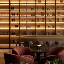 A restaurant interior showing lighting and decor that create a distinctive atmosphere