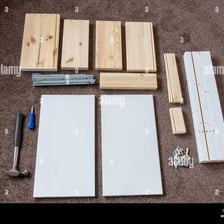 Furniture components laid out before assembly