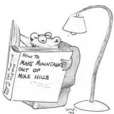 A small molehill depicted beside an unusually large mountain.