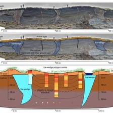 Frozen ground beneath Arctic tundra illustrating permafrost.
