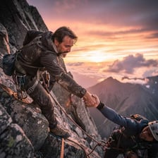 A determined climber continuing toward a mountain summit.