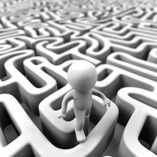 Illustration of a person reaching a goal by an unspecified route through obstacles