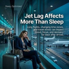 A tired traveler resting in an airport while experiencing jet lag.