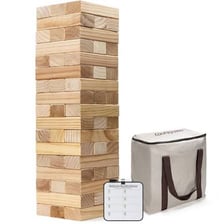 A Jenga tower tipping over as its blocks fall.