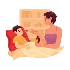 A split illustration representing raising a child and vomiting
