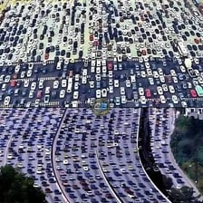 A dense line of cars immobilized in city traffic