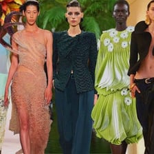 Models displaying a current fashion trend on a runway.