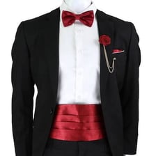 A tuxedo outfit with a cummerbund worn around the waist