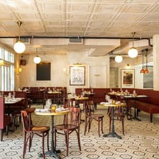 The interior of a small informal French bistro
