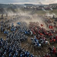 A large crowd alongside a scene suggesting people being killed in battle