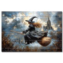 A witch riding a broomstick in a fantasy illustration