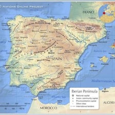 A map showing the Iberian Peninsula with Spain and Portugal