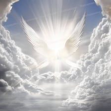 A winged angel depicted in religious artwork.