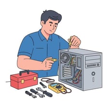 A computer technician troubleshooting equipment.