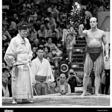 A sumo wrestler scattering salt before a bout