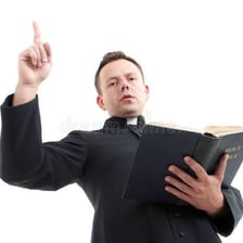 A preacher holding a Bible while addressing a congregation.
