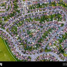 A residential neighbourhood showing nearby streets and houses