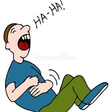 A person laughing heartily with an open mouth