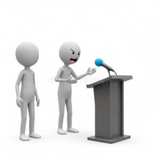 A speaker delivering an exaggerated theatrical speech