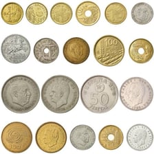 Spanish peseta coins and banknotes