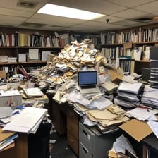 A disorderly desk covered with scattered papers