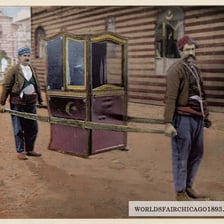 A covered sedan chair carried by bearers