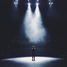 A musician performing alone on a stage.