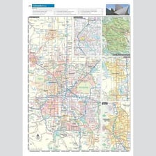 A detailed road map showing streets and routes in an atlas.