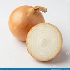 A whole onion bulb beside a cut onion