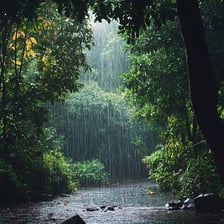 A lush tropical rainforest in a warm, rainy setting