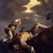 An artistic depiction of David defeating the giant Goliath