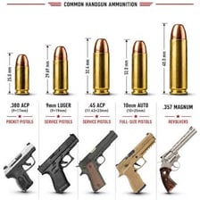 A selection of ammunition cartridges beside a handgun
