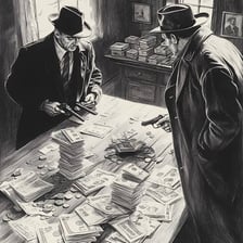 A period-style depiction of a gangster wearing a fedora