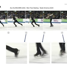 A figure skater airborne while performing a Lutz jump