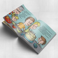 An open children’s picture book showing colorful illustrations