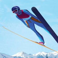 A ski jumper airborne above a landing slope