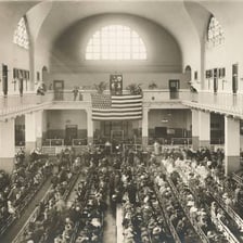 The historic Ellis Island immigration station building in New York Harbor.