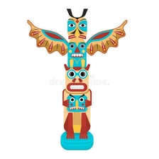 A carved totem pole serving as a symbolic emblem.