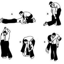 A simple instructional illustration of one person carrying another over the shoulders