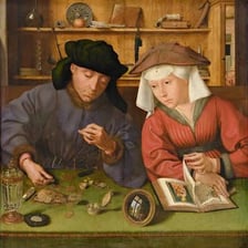A moneylender handling coins and financial documents.