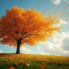 Autumn leaves blown apart and spread across the ground.