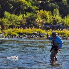 An angler fishing with a rod beside a river.