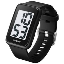 A digital wristwatch showing the time in numerals without hands.