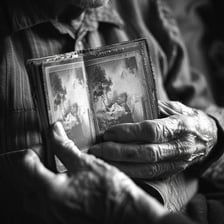 A person fondly looking at an old photograph.