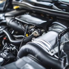 Close-up view of a car engine while it is running