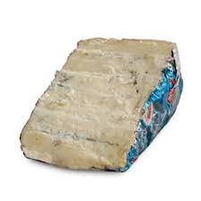 A wedge of pale Italian blue cheese with blue-green veining.
