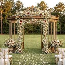 An ornamental gazebo standing in a landscaped park