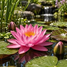 A pink lotus flower growing in a pond among floating leaves.
