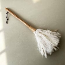 A feather beside a feather duster and a feather-filled bed