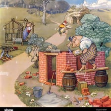 An illustration of the three pigs and their different houses
